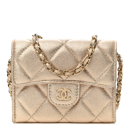 Chanel Metallic Lambskin Quilted Flap Card Holder On Chain Gold 1 of 11