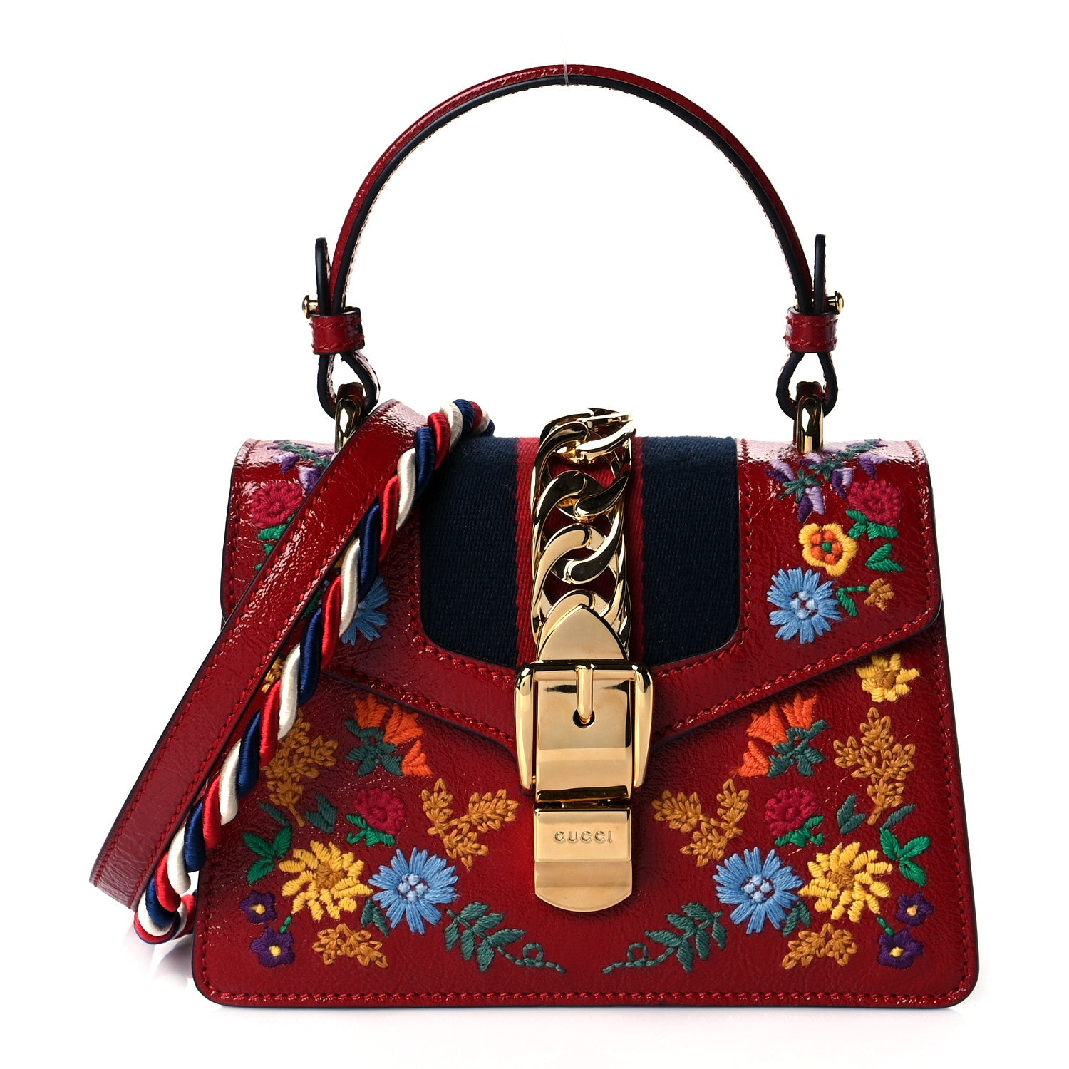 Gucci Patent Embroidered Mini Sylvie Top Handle Bag Hibiscus Red 1 of 11