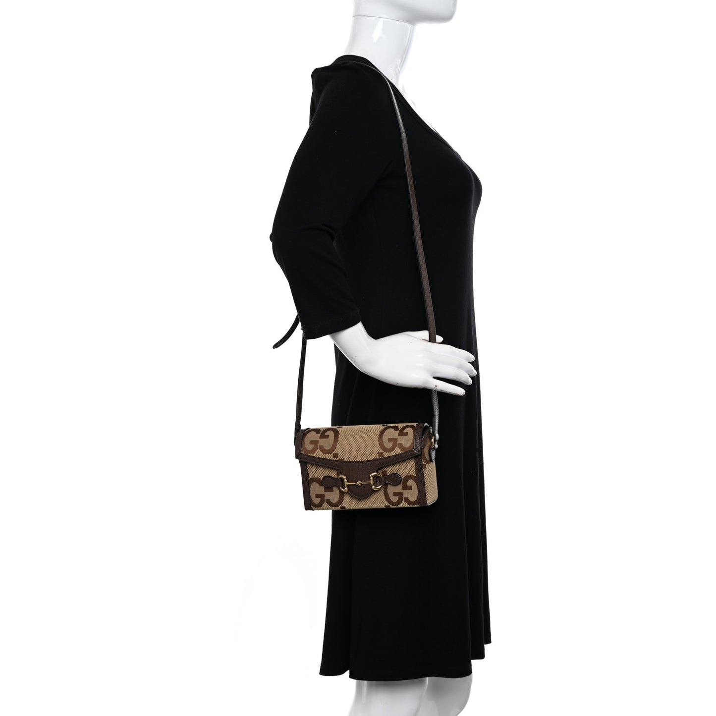Monogram Jumbo GG Textured Dollar Calfskin Mini Horsebit 1955 Shoulder Bag Camel Ebony New Acero