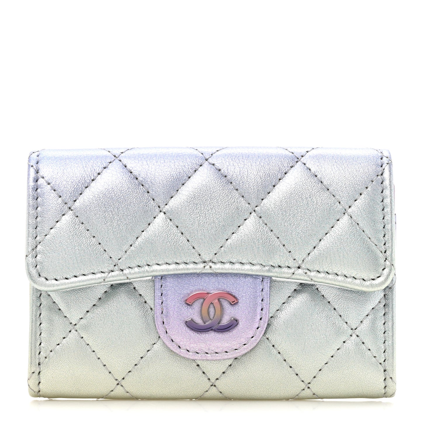Gradient Metallic Calfskin Quilted Flap Card Holder Wallet Silver Blue Yellow Purple