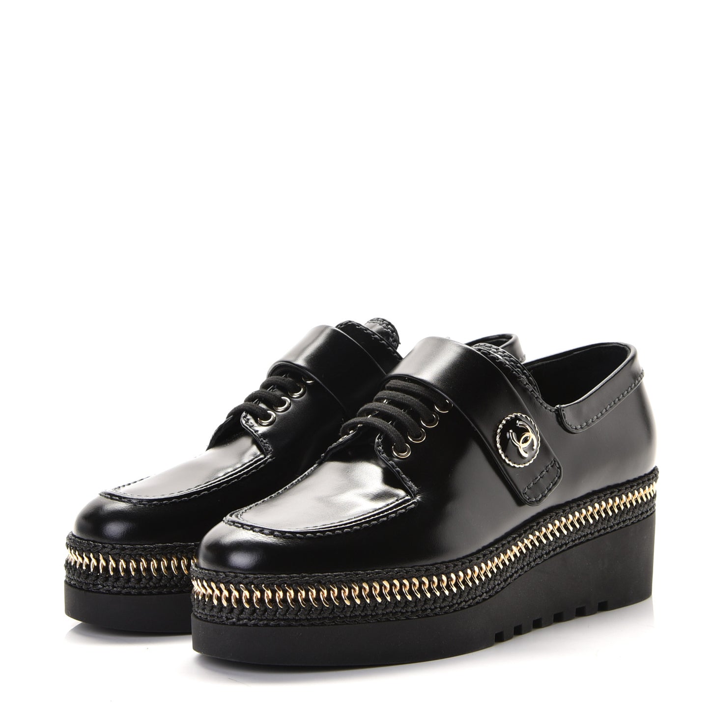 Shiny Calfskin Lace Up Platform Loafers 36 Black