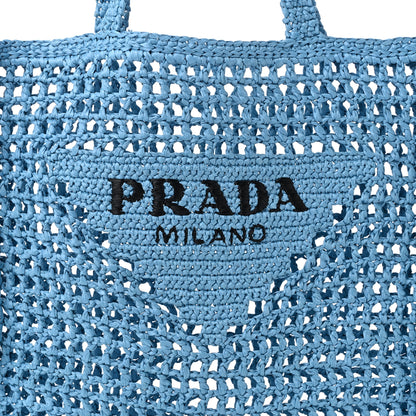 Prada Yarn Raffia Effect Crochet Logo Embroidered Tote Bag Celeste 8 of 10