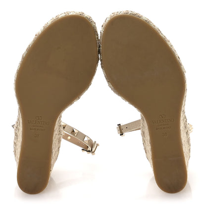 Valentino Garavani Grained Calfskin Rockstud Ankle Strap Espadrille 15/105mm Wedge Sandals 38 Light Ivory Natural 6 of 8