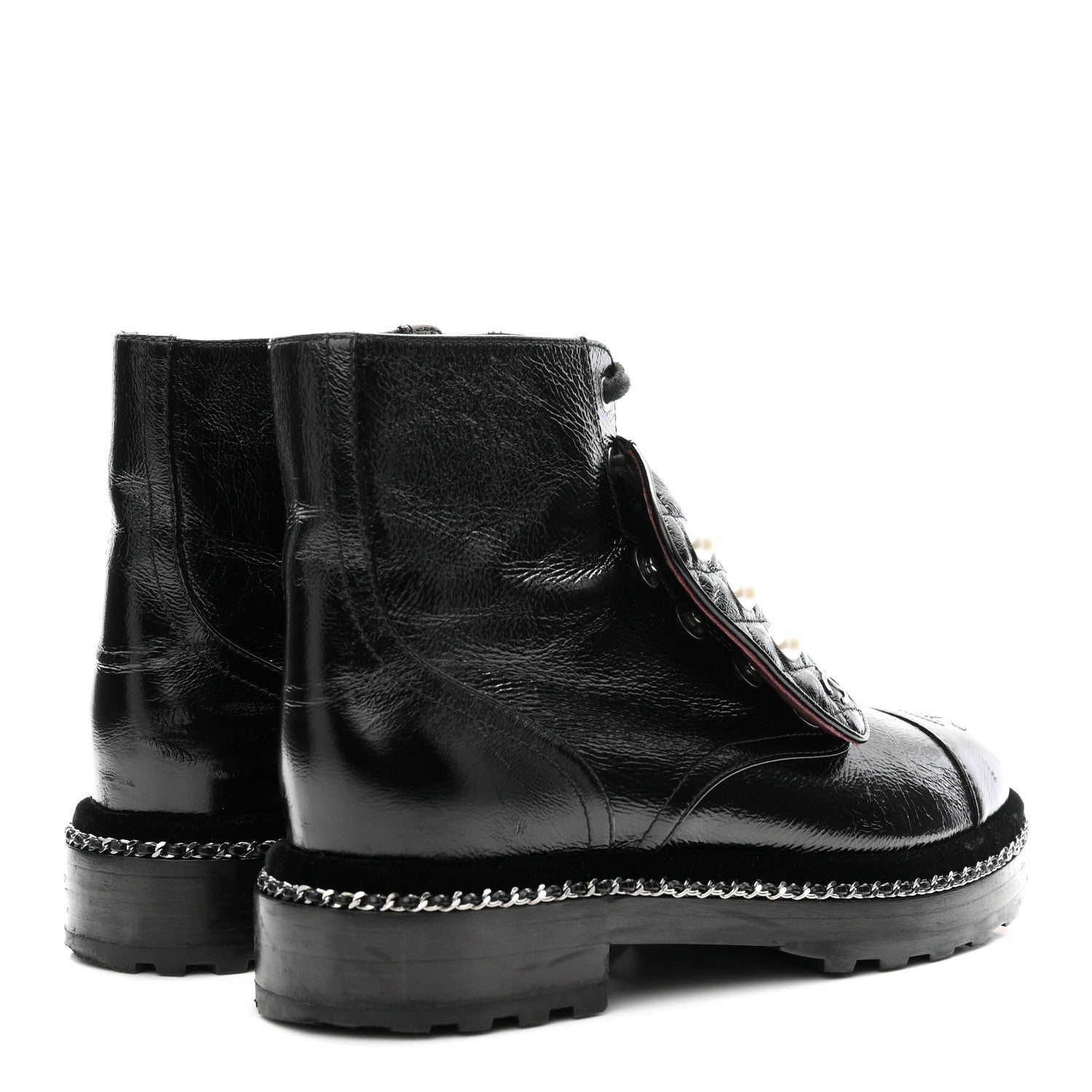 Chanel Crackled Calfskin Velvet Pearl Combat Short Boots 38 Black 5 of 10