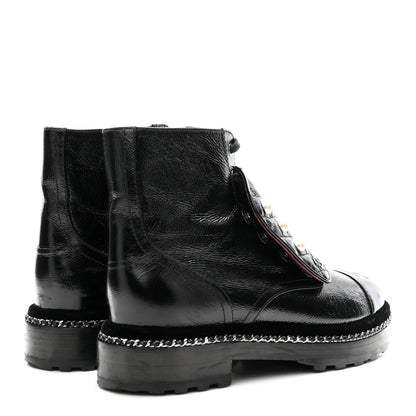 Chanel Crackled Calfskin Velvet Pearl Combat Short Boots 38 Black 5 of 10