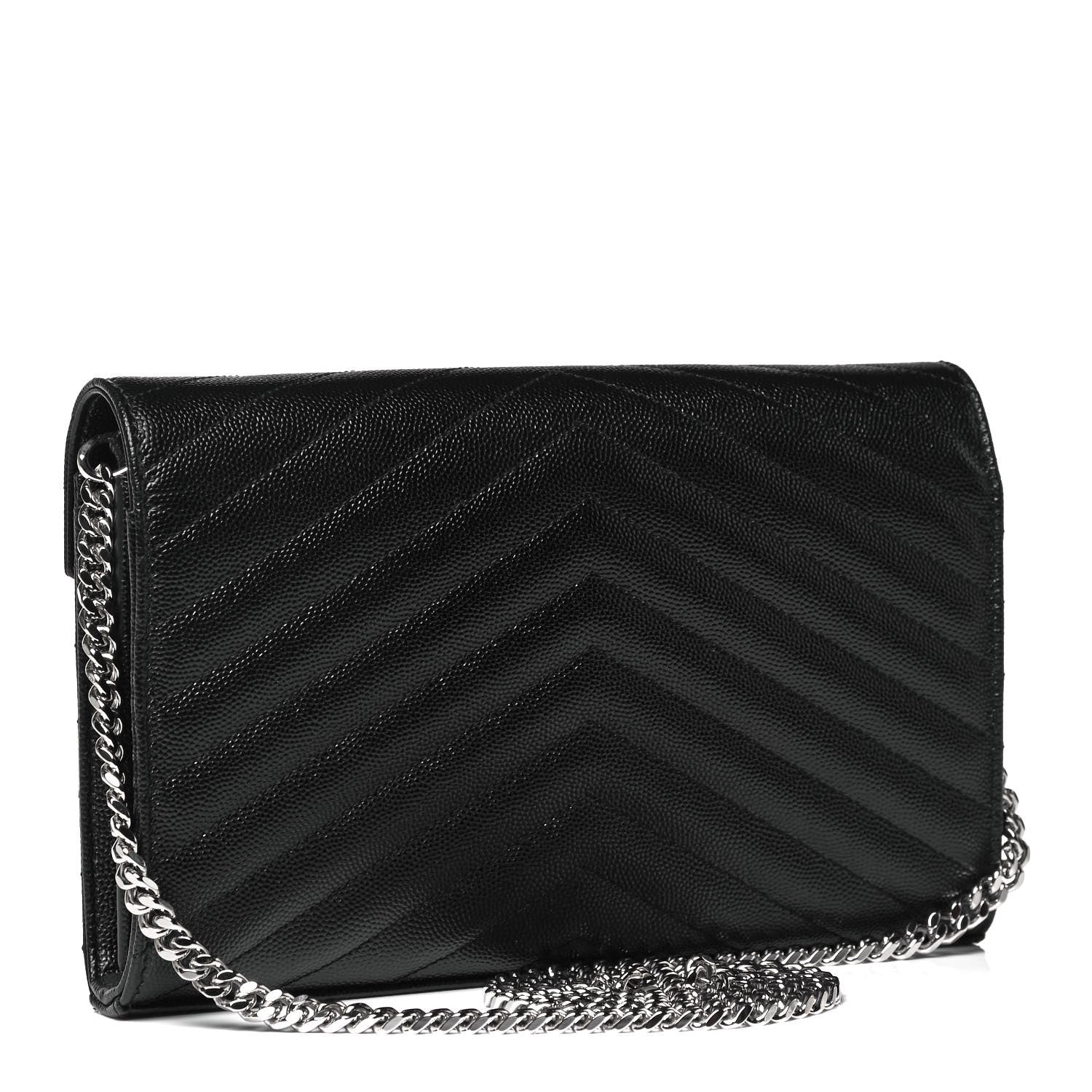 Saint Laurent Grain De Poudre Matelasse Chevron Monogram Chain Wallet Black 3 of 8