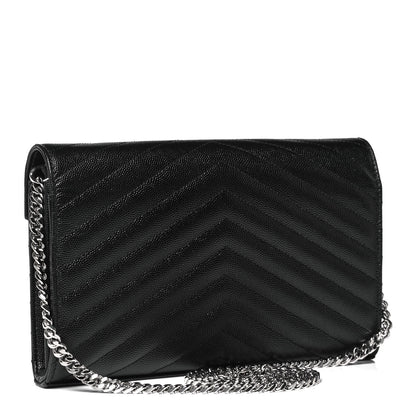 Saint Laurent Grain De Poudre Matelasse Chevron Monogram Chain Wallet Black 3 of 8