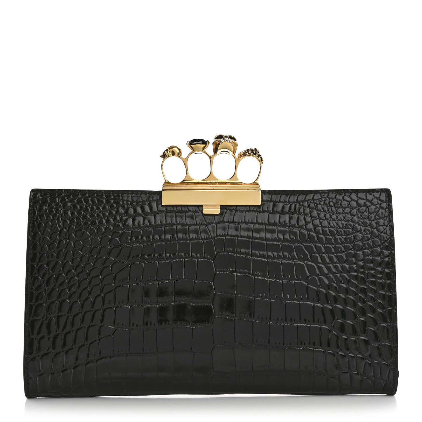 Calfskin Crocodile Embossed Knuckle Flat Clutch Black Gold