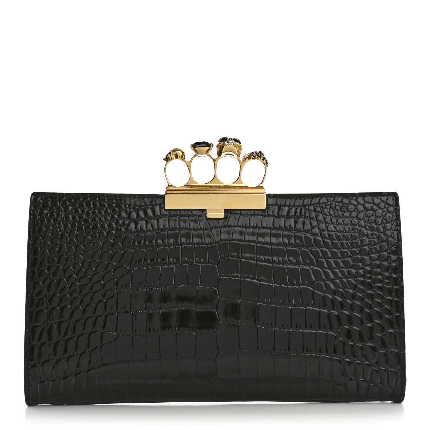 Alexander McQueen Calfskin Crocodile Embossed Knuckle Flat Clutch Black Gold 1 of 7