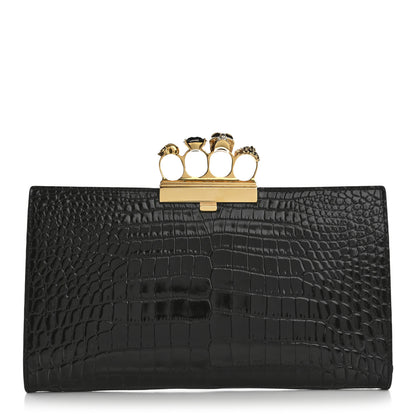 Alexander McQueen Calfskin Crocodile Embossed Knuckle Flat Clutch Black Gold 1 of 7