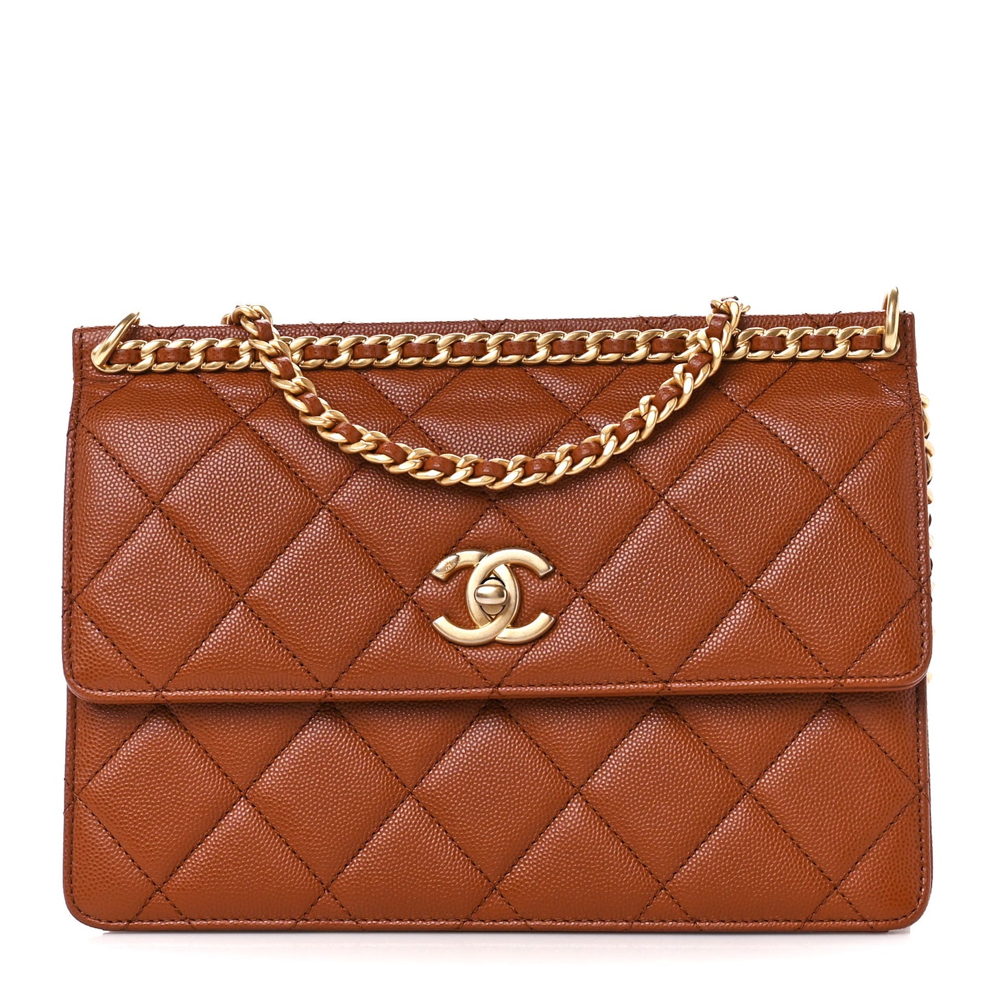 Caviar Quilted Chain Frame Flap Light Brown