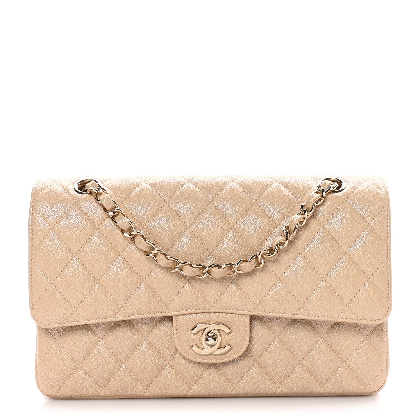 Iridescent Caviar Quilted Medium Double Flap Beige
