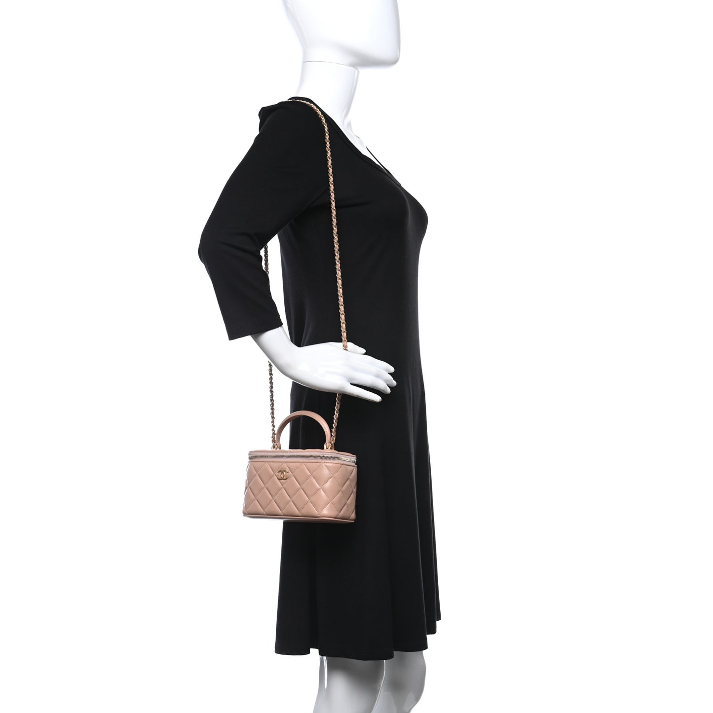 Lambskin Quilted Small Top Handle Vanity Case With Chain Beige