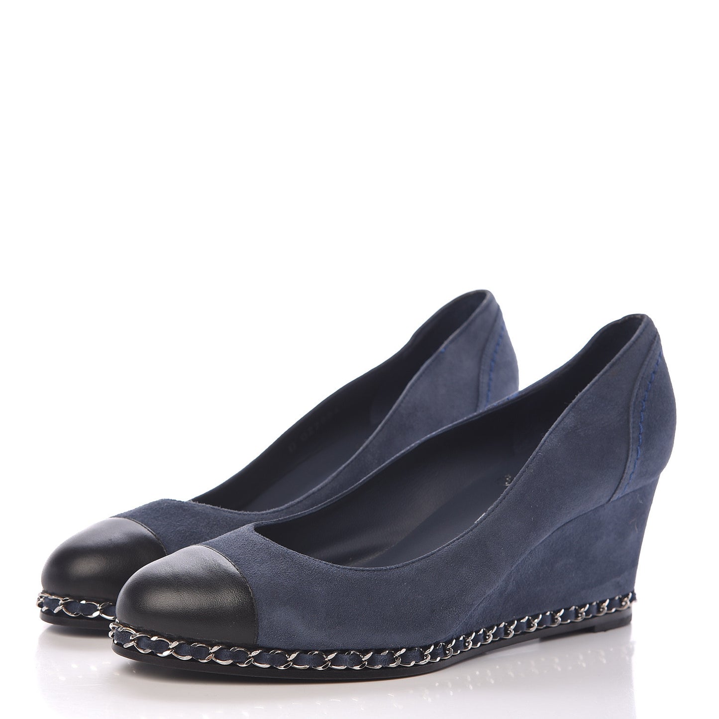 Suede Lambskin Cap Toe Chain Wedge Pumps 39 Blue