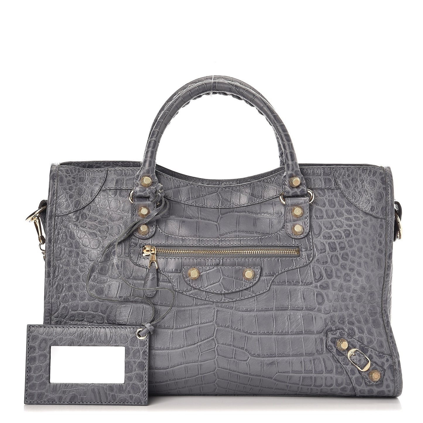 Calfskin Crocodile Embossed Giant 12 Gold Hardware City Gris Beton