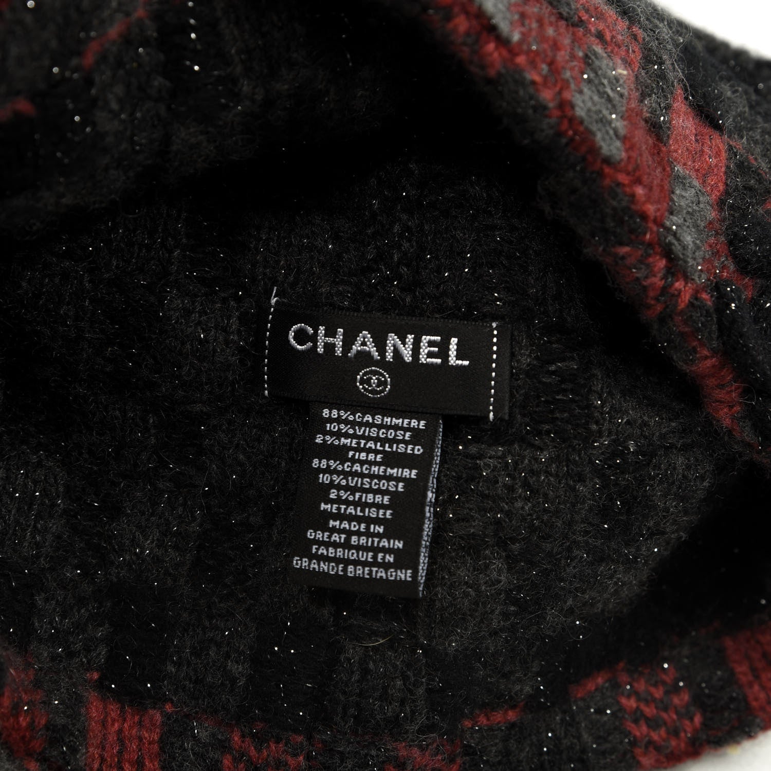 Chanel Cashmere Blend CC Beanie Hat Black Grey Red 3 of 3