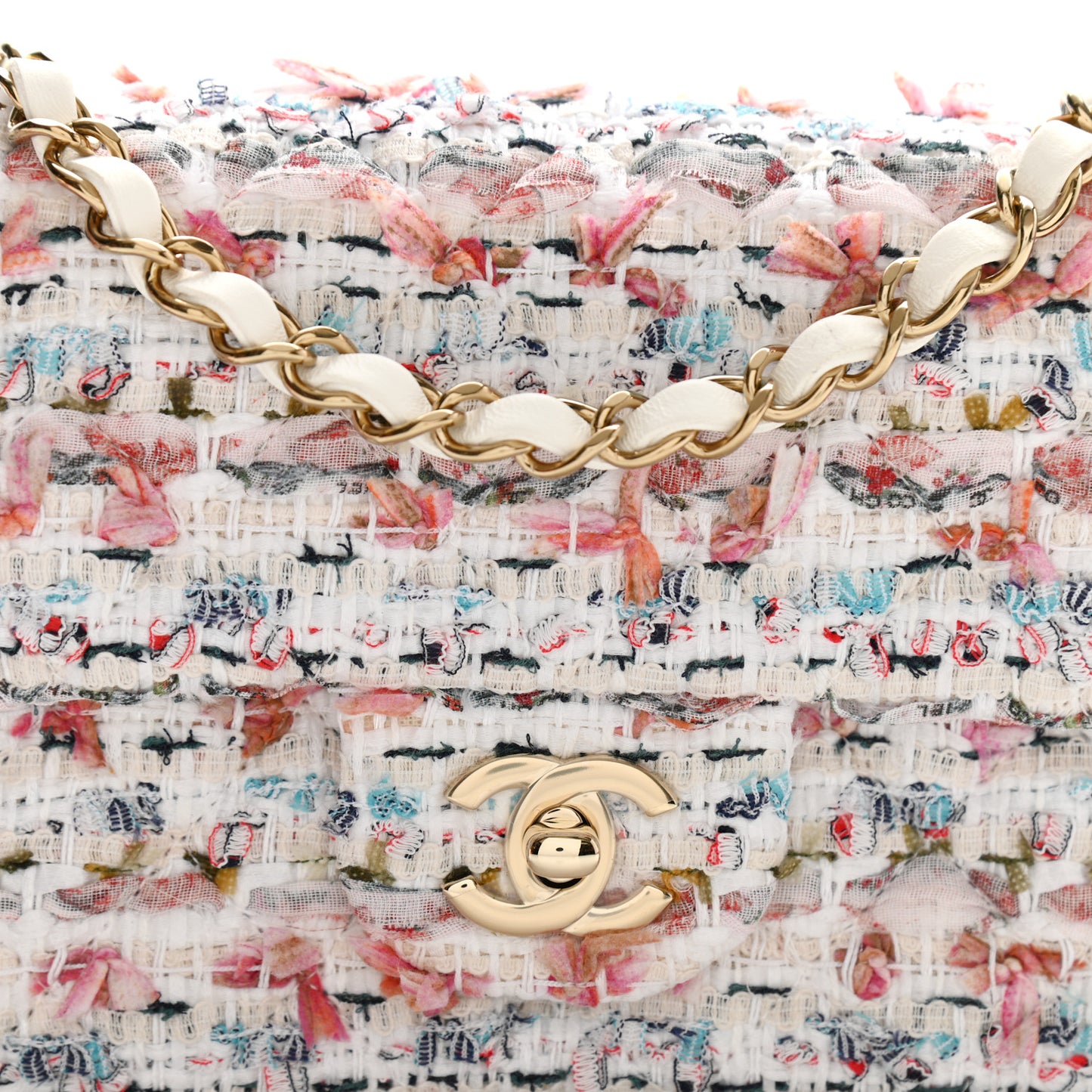 Tweed Quilted Mini Rectangular Flap White Pink Multicolor