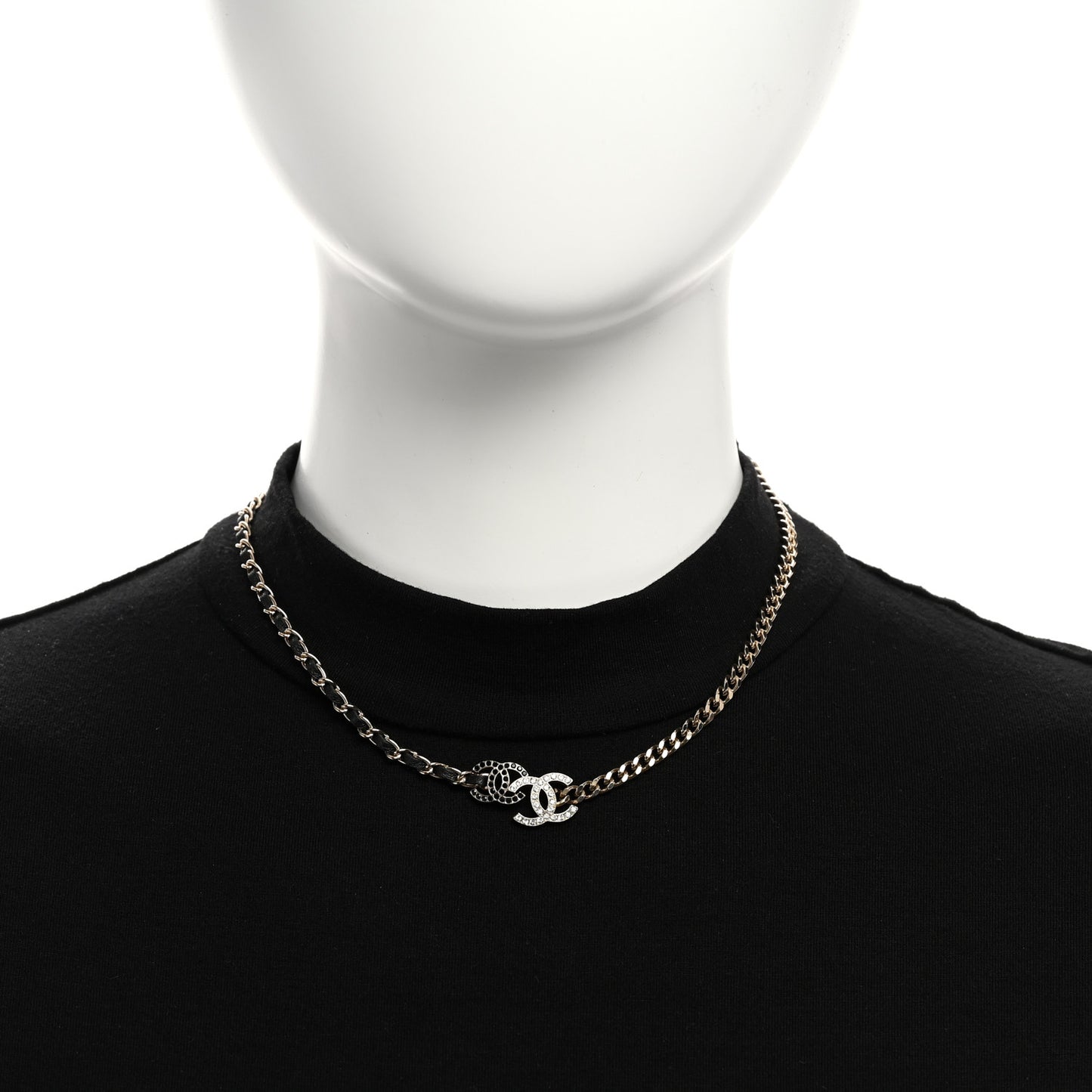 Metal Calfskin Crystal Double CC Short Necklace Black Gold