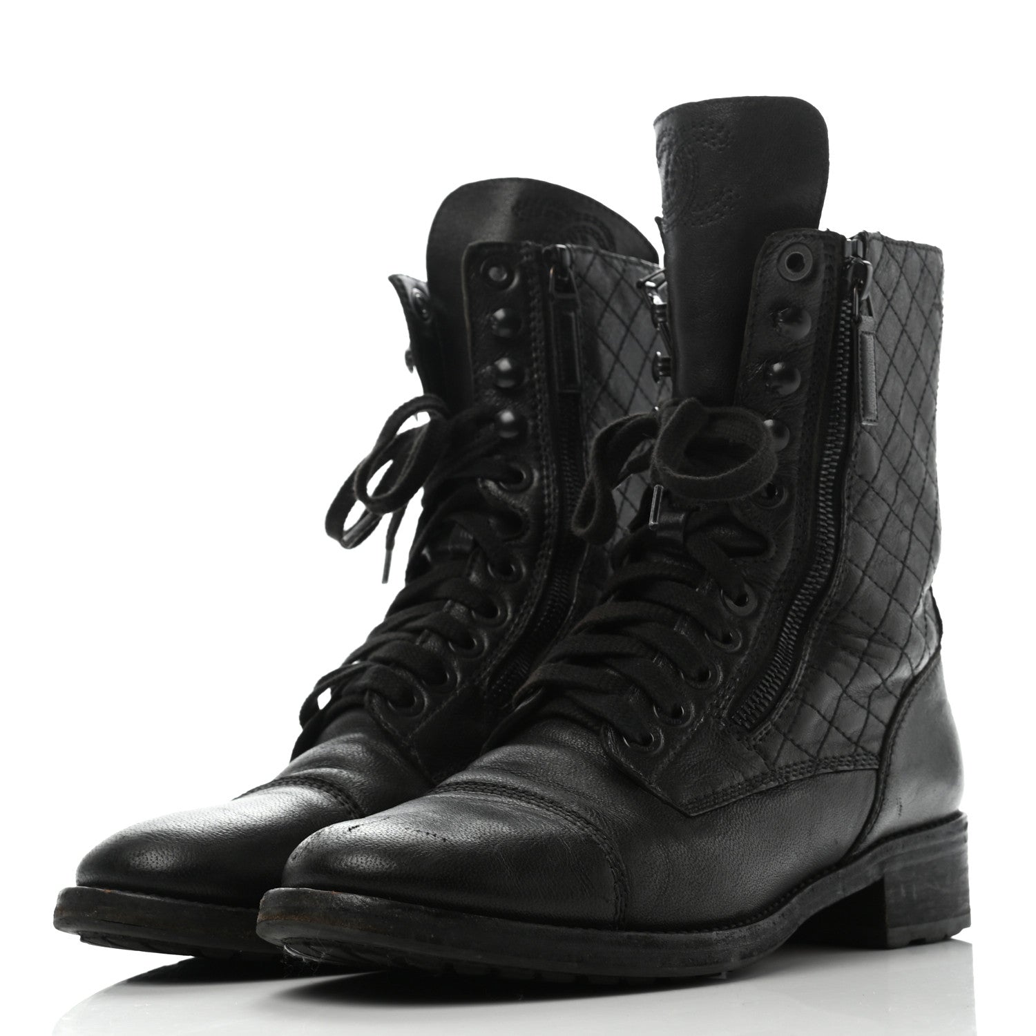 Chanel Calfskin Quilted Lace Up Combat Boots 40 Black 5 of 15