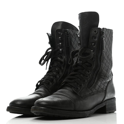 Chanel Calfskin Quilted Lace Up Combat Boots 40 Black 5 of 15