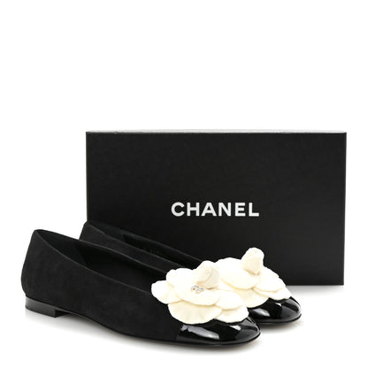 Chanel Suede Patent Cap Toe Camellia Ballerina Flats 39.5 Black White 10 of 10