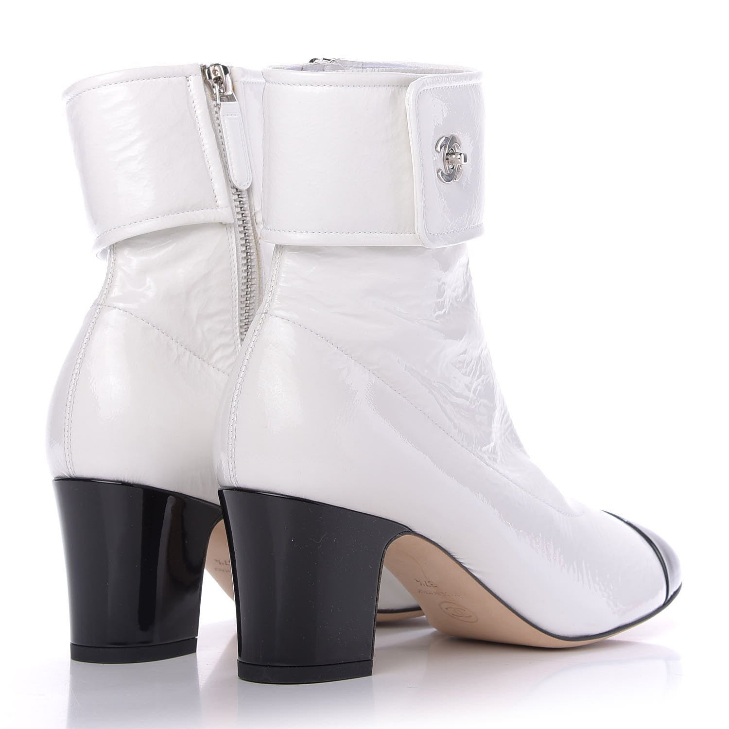 Chanel Distressed Patent Cap Toe CC Turnlock Ankle Boots 37.5 White Black 4 of 10