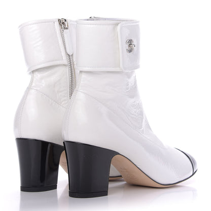 Chanel Distressed Patent Cap Toe CC Turnlock Ankle Boots 37.5 White Black 4 of 10