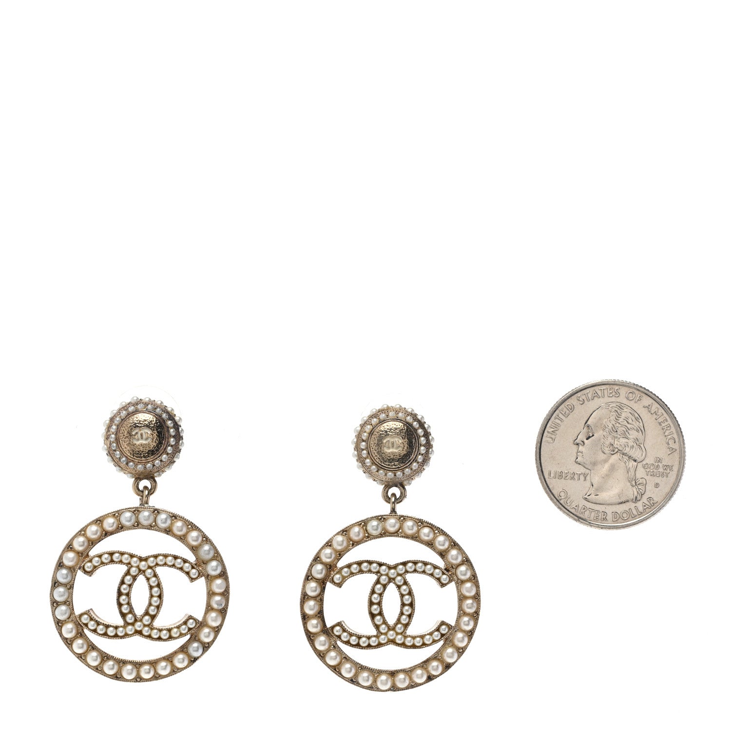Chanel Crystal Pearl Round CC Drop Earrings Gold White 2 of 4
