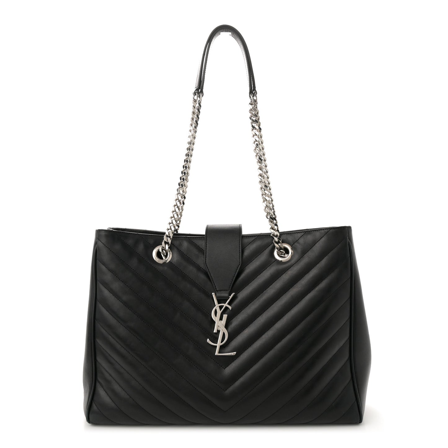Smooth Calfskin Matelasse Chevron Large Monogram Shopping Bag Black