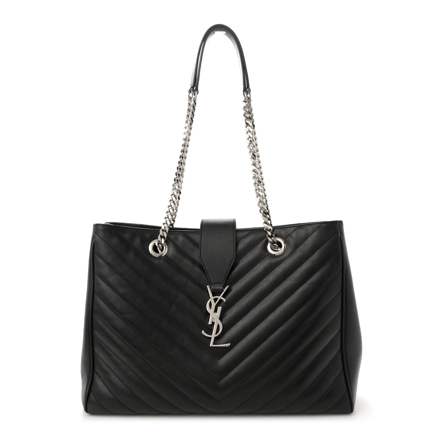 Saint Laurent Smooth Calfskin Matelasse Chevron Large Monogram Shopping Bag Black 1 of 12