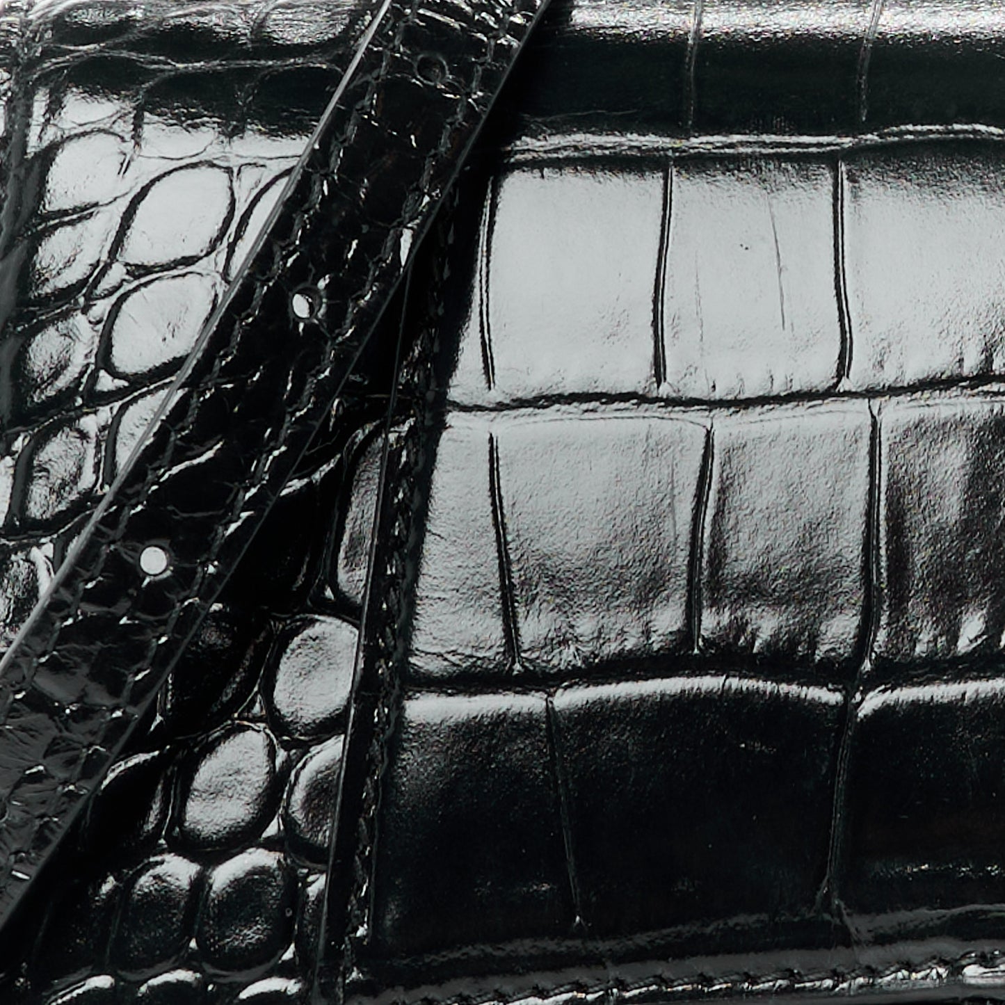 Shiny Calfskin Crocodile Embossed Small Hourglass Top Handle Bag Black