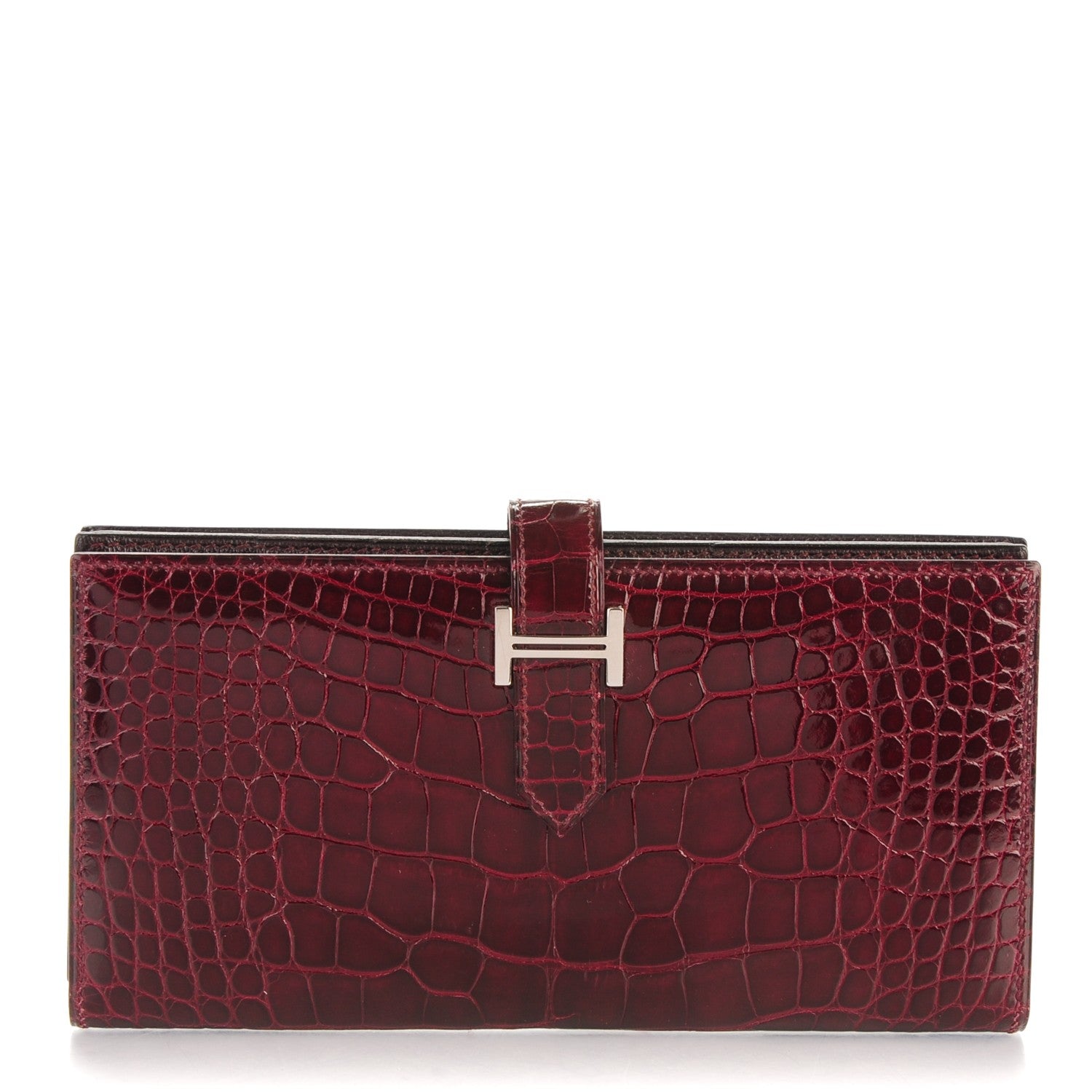 Hermes Shiny Alligator Bearn Wallet Bordeaux 1 of 8