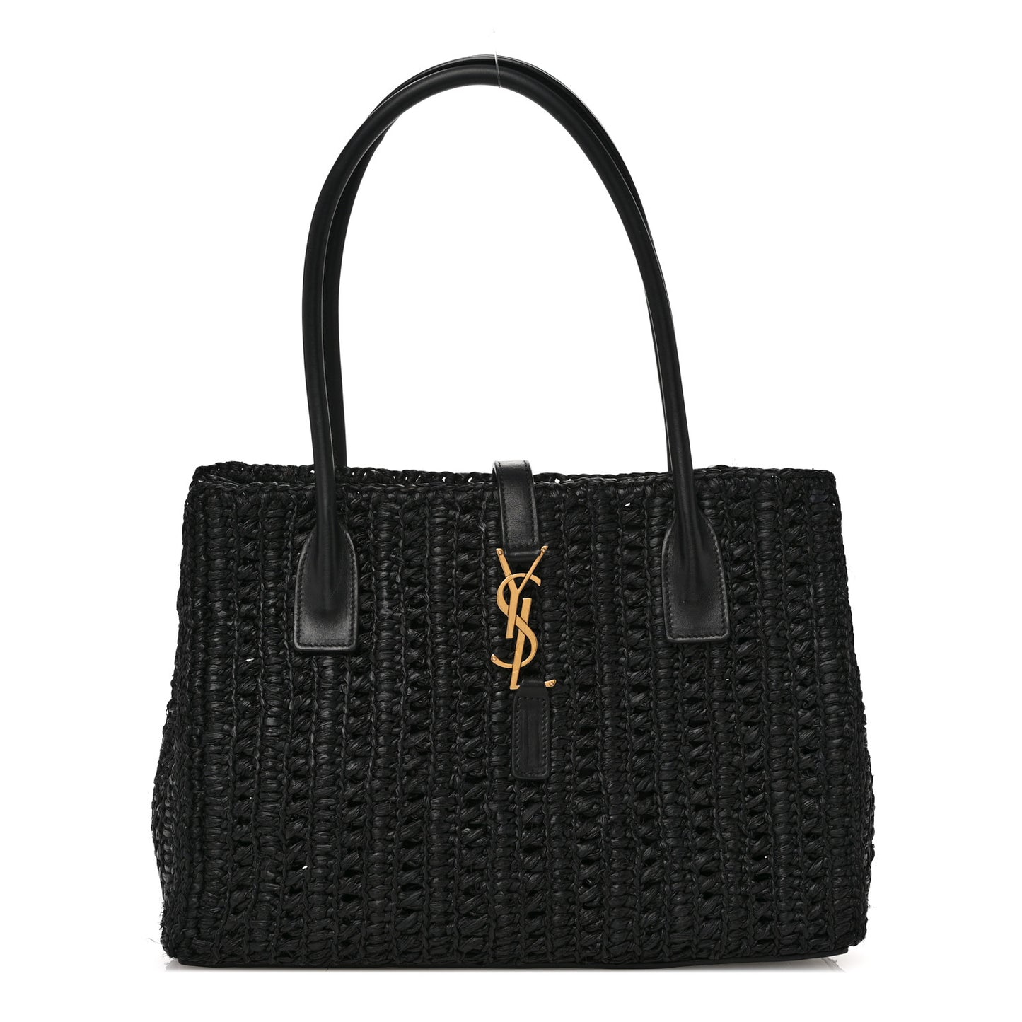 Raffia Calfskin Panier Rectangle Tote Black