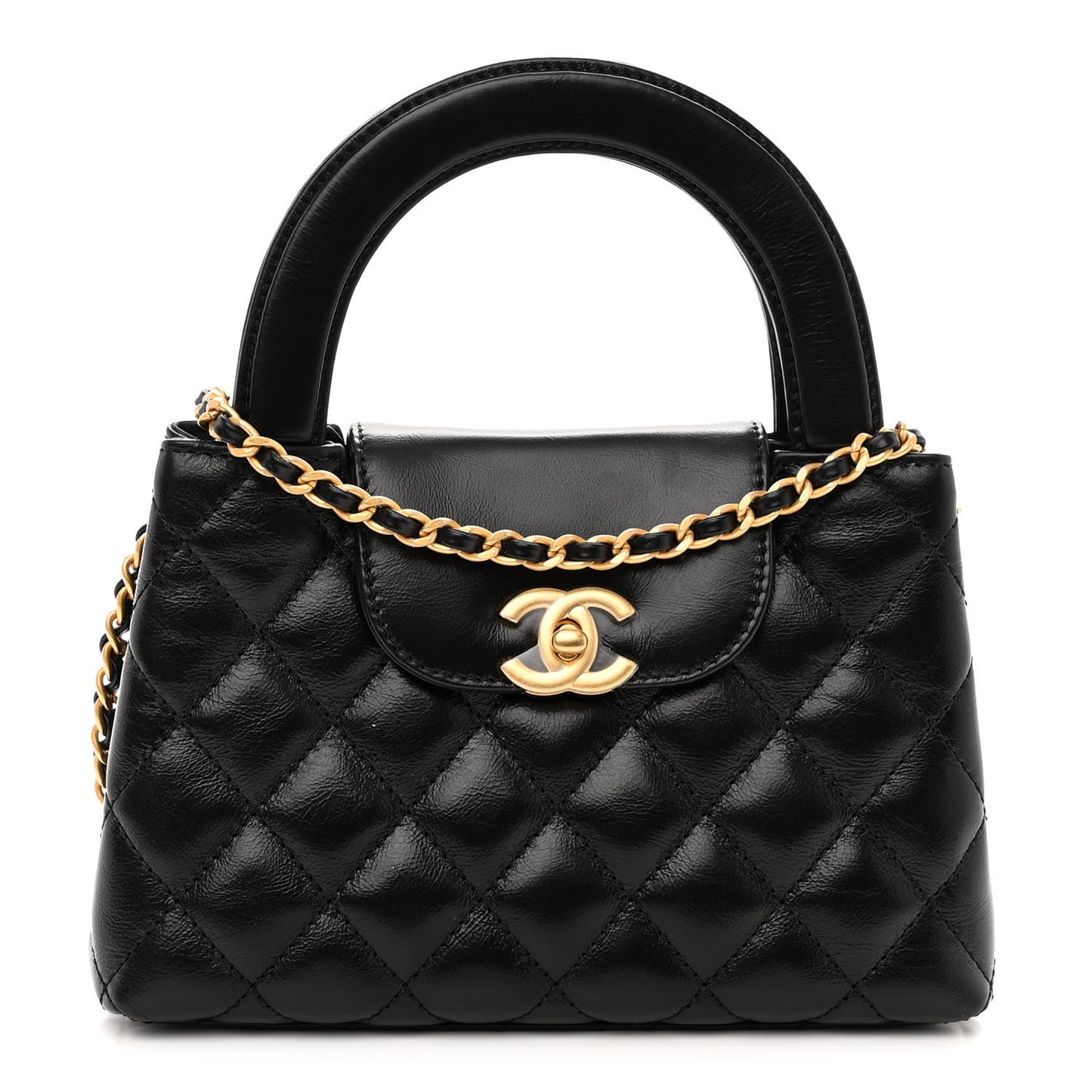 Shiny Aged Calfskin Quilted Nano Kelly Shopper Black