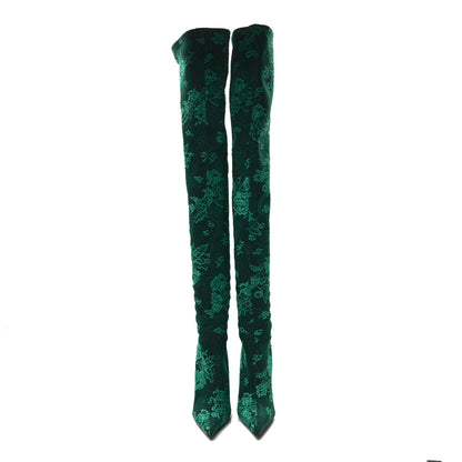 Balenciaga Lace Spandex Pointed Toe Knife Thigh High Boots 38 Green 2 of 6