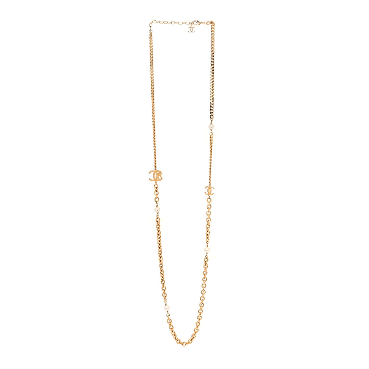 Pearl Crystal CC Chain Long Necklace Gold