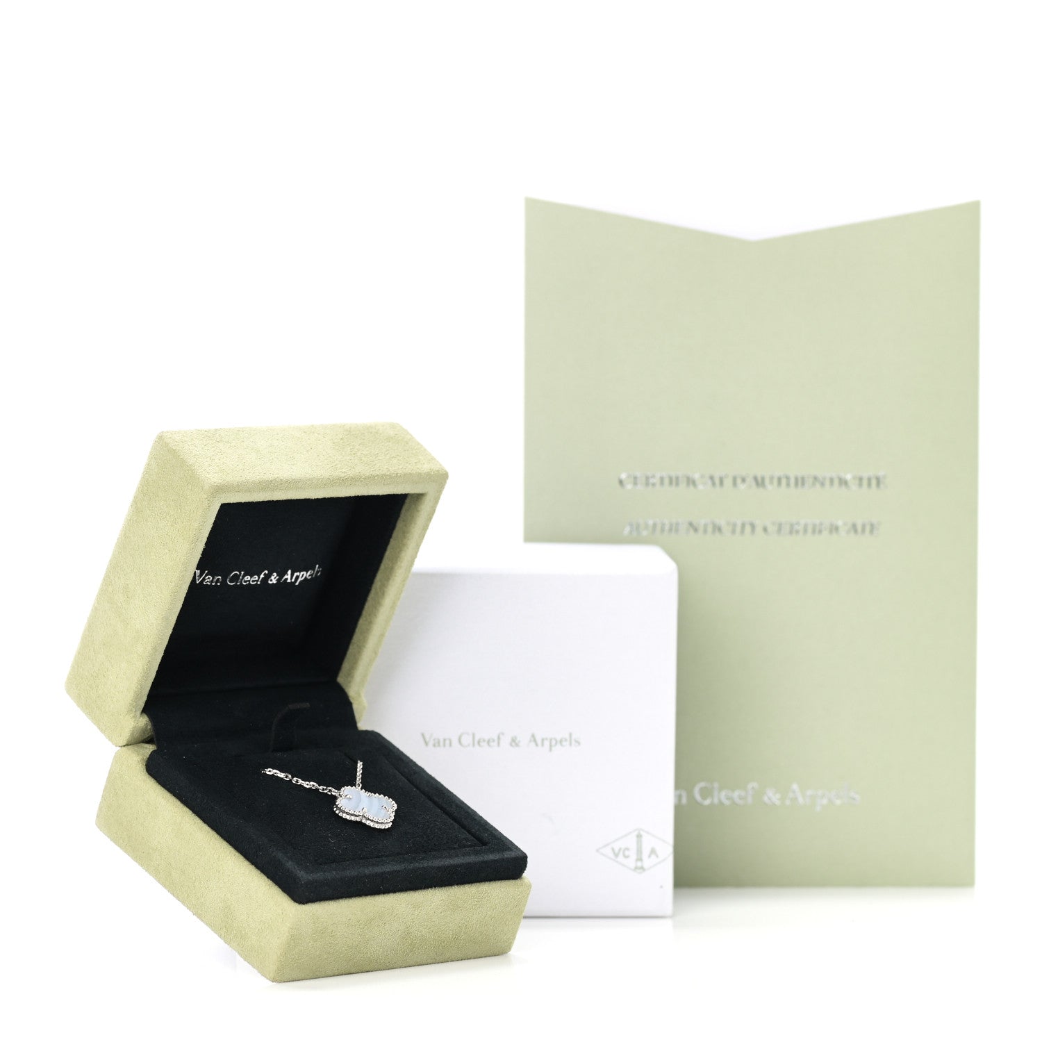 Van Cleef & Arpels 18K White Gold Chalcedony Vintage Alhambra Pendant Necklace 7 of 7
