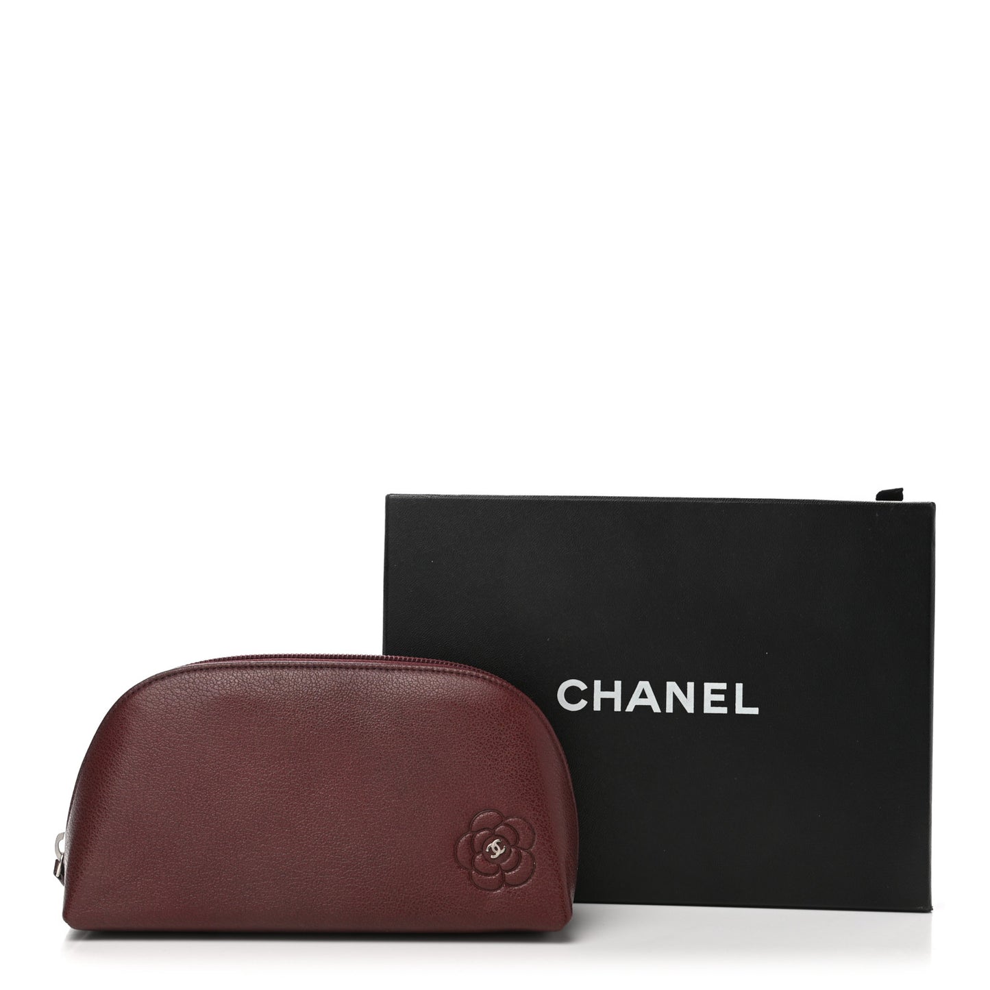Goatskin Camellia Embossed Cosmetic Case Burgundy