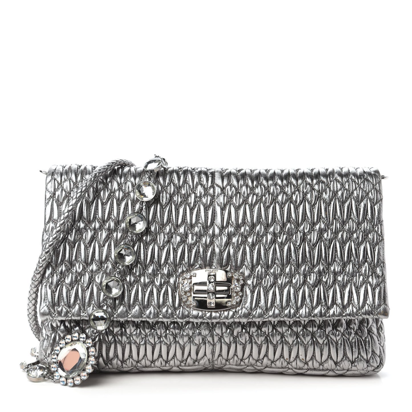 Metallic Nappa Matelasse Crystal Flap Clutch Cromo