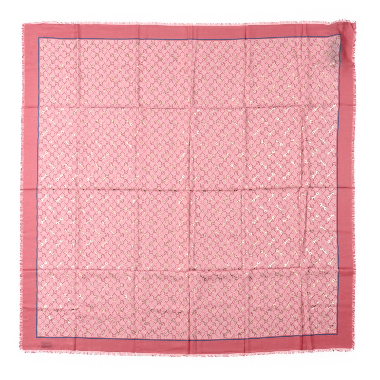 Gucci Modal Silk GG Monogram Big Gold Horsebit Fringe Shawl Pink Sky Blue 1 of 5