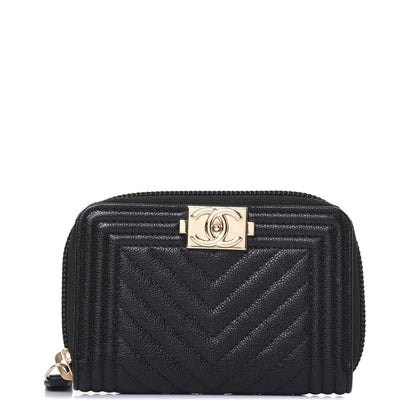 Chanel Caviar Chevron Quilted Boy Zip Around Coin Purse Wallet Black 1 of 11