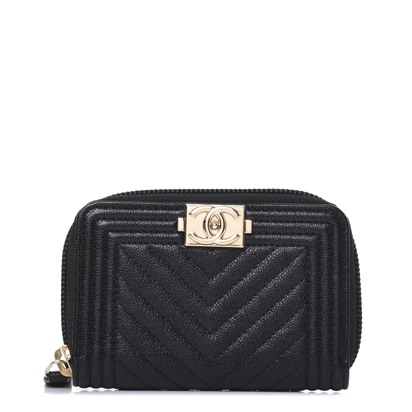 Caviar Chevron Quilted Boy Zip Around Coin Purse Wallet Black