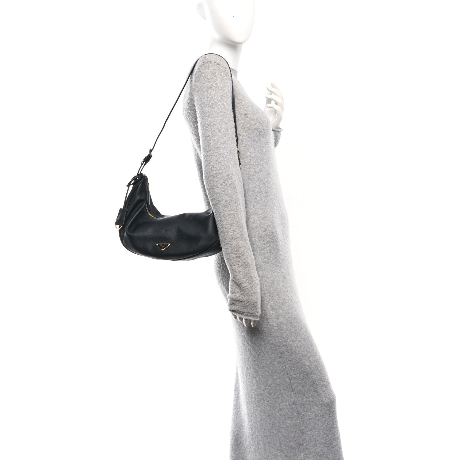 Prada Soft Grain Calfskin Large Demi-Lune Shoulder Bag Black 2 of 10