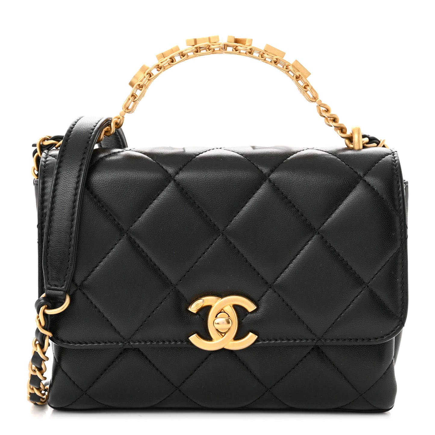 Lambskin Quilted Mini CC Crystal Logo Chain Flap Black