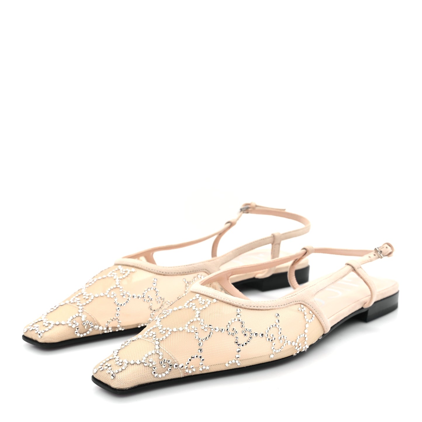 Suede Mesh Crystal GG Monogram Slingback Ballet Flats 37 Light Powder Skin Rose
