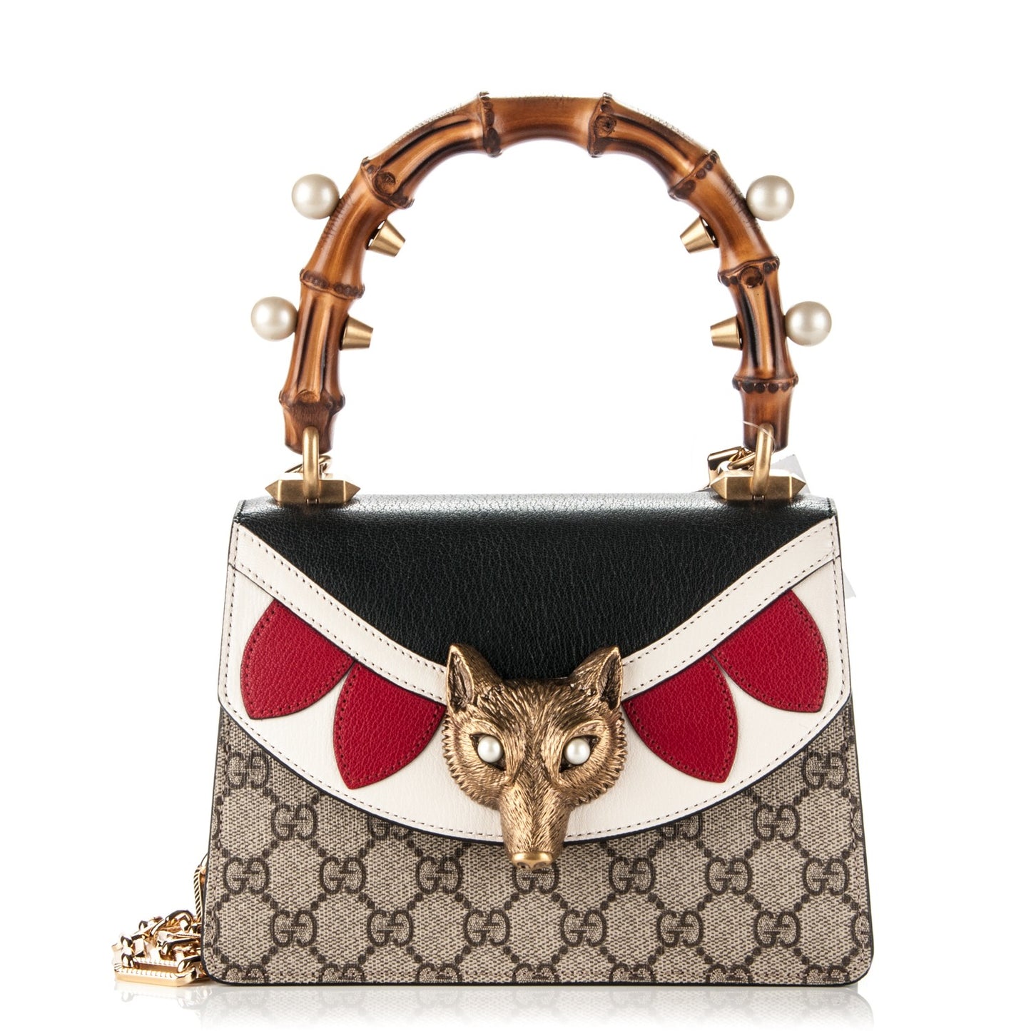 GG Supreme Monogram Goatskin Pearl Mini Fox Broche Bamboo Top Handle Bag Beige Ebony Black Hibiscus Red Mystic White