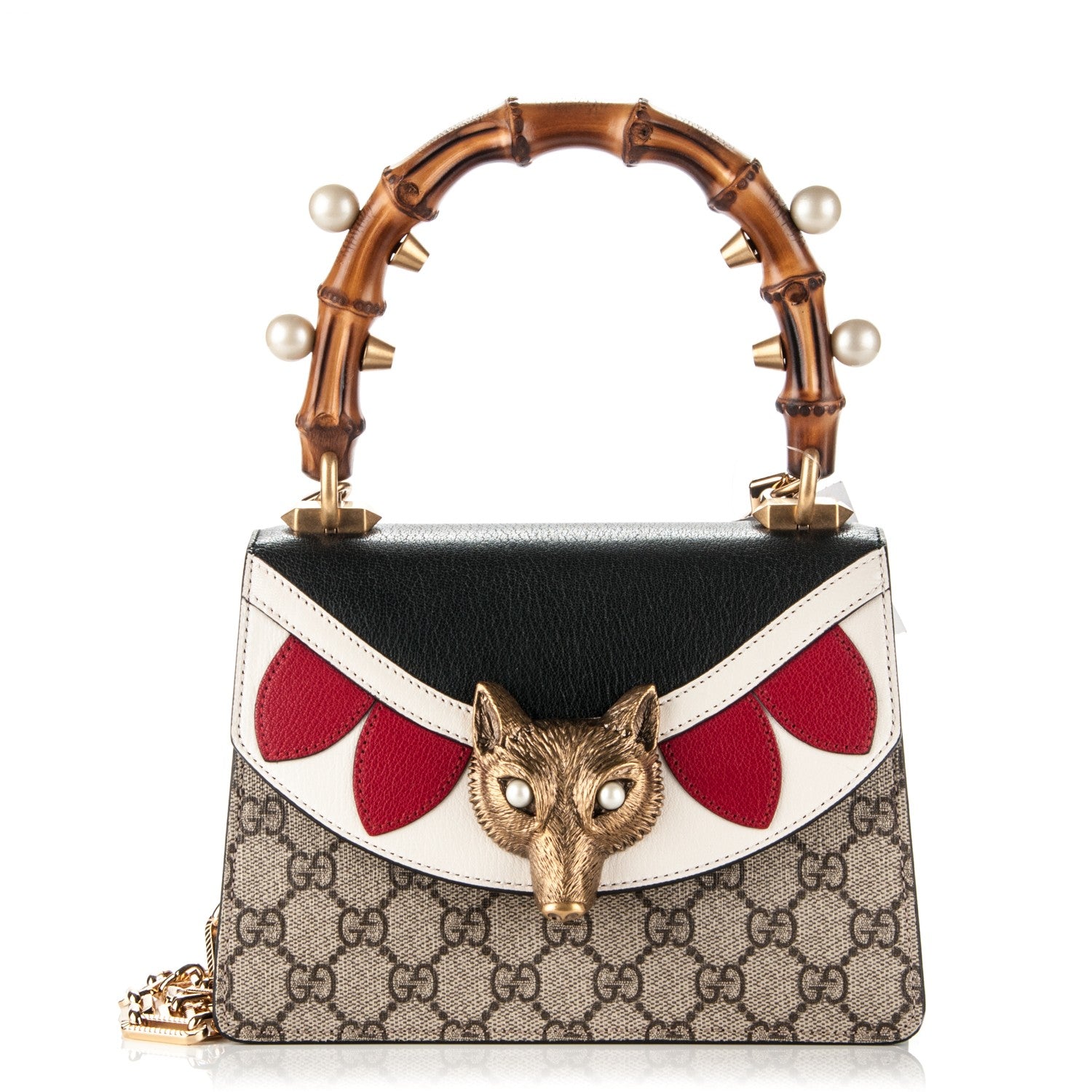 Gucci GG Supreme Monogram Goatskin Pearl Mini Fox Broche Bamboo Top Handle Bag Beige Ebony Black Hibiscus Red Mystic White 1 of 6