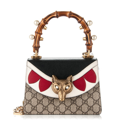 Gucci GG Supreme Monogram Goatskin Pearl Mini Fox Broche Bamboo Top Handle Bag Beige Ebony Black Hibiscus Red Mystic White 1 of 6