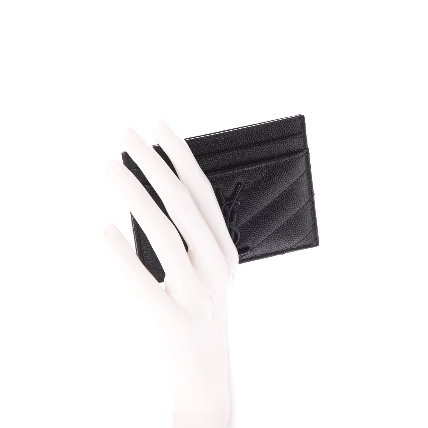 Saint Laurent Grain De Poudre Matelasse Chevron Monogram Credit Card Case Black 2 of 7