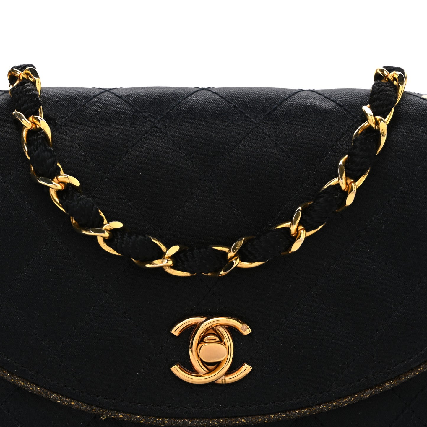 Satin Quilted Flap Shoulder Bag Black Gold